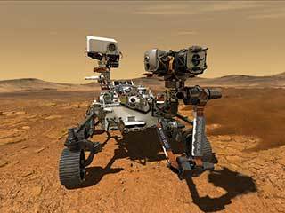 A rover on Mars with six wheels, a camera on a mast, and an arm with equipment on it.