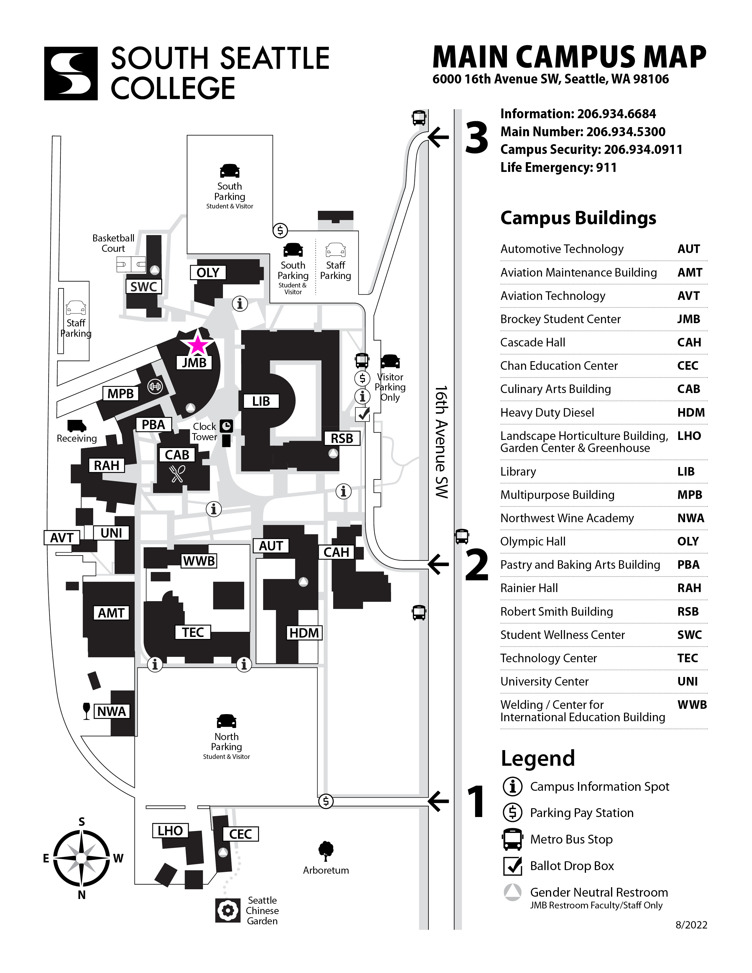 This map highlights the JMB building on South Seattle College's campus. It is towards the south end of campus, approximately in the middle east/west.