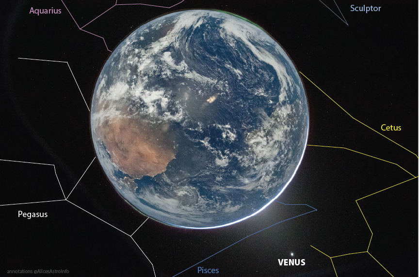 We see Venus in the lower right, and constellations Aquarius, Sculptor, Cetus, Pisces, and Pegasus behind the Earth. The view of Earth is the same as the next photo.